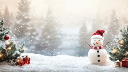 Fototapeta premium Happy snowman standing in christmas landscape. Snow background with copy space
