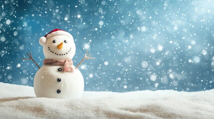 Fototapeta premium Happy snowman standing in christmas landscape. Snow background with copy space