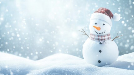 Fototapeta premium Happy snowman standing in christmas landscape. Snow background with copy space