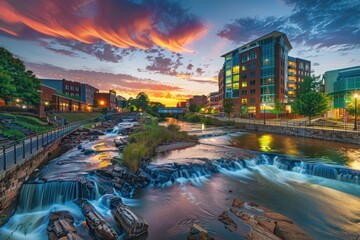 Fototapeta premium Cityscape with River and Sunset