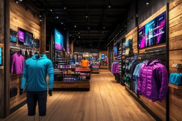 The image shows the interior of a sports store, focusing on the section dedicated to outdoor adventure gear, with prominent displays of jackets, backpacks, and other equipment.