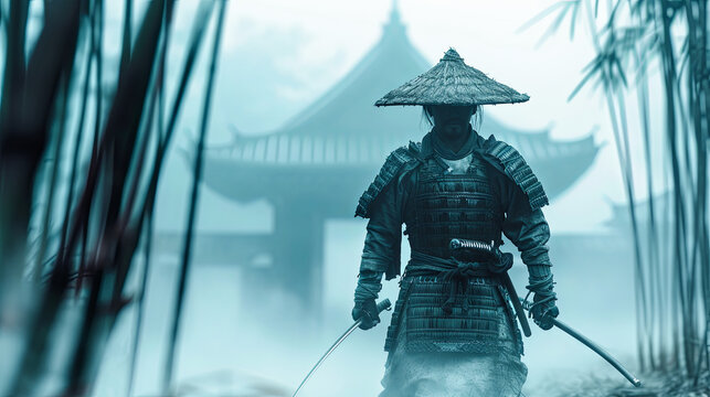 Samurai Warrior in Traditional Armor With Katana Swords in Misty Bamboo Forest - Japanese History and Culture Concept