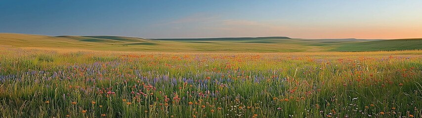 Obraz premium A panoramic view of a vibrant wildflower meadow under a clear sky, showcasing the natural beauty and diversity of wildflowers in full bloom.