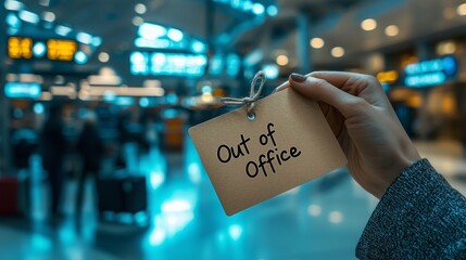 A hand holds an "Out of Office" sign in a busy airport terminal, representing the beginning of a vacation or trip.