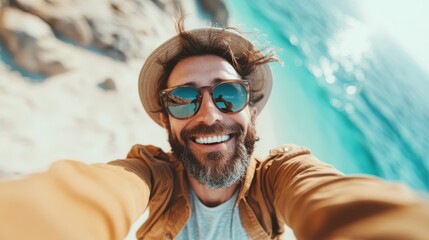 A cheerful man wearing sunglasses and a hat takes a selfie at a picturesque beach setting, capturing the essence of a sunny day and relaxed vacation vibes.