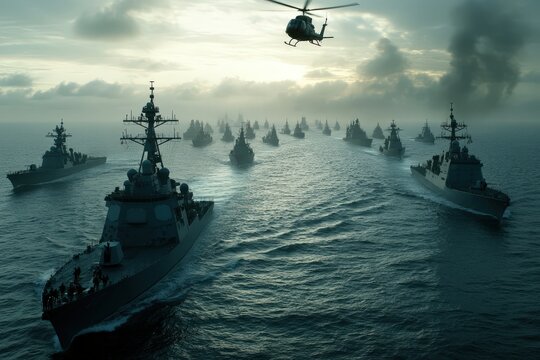 A large naval fleet advances under stormy clouds with a helicopter overhead, emphasizing readiness and strength amidst a turbulent marine environment.