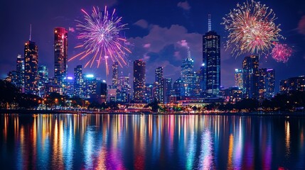 Colorful fireworks over modern city skyline at night