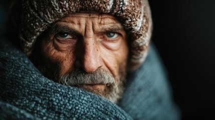 An intense close-up portrait of an elderly man with piercing eyes, wrapped in a warm, fuzzy knitted hat and shawl, displaying the depth of his emotions and life experiences.