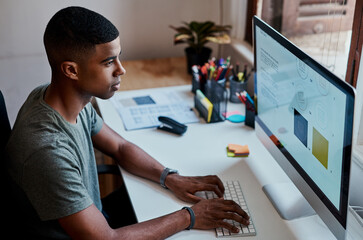 Business, black man or graphic designer typing on computer for logo design at creative startup....
