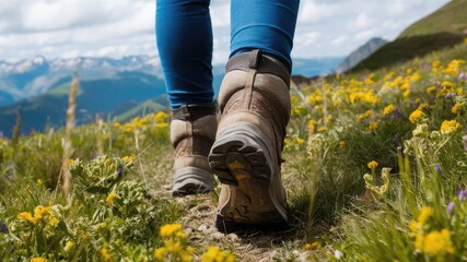 Closeup of hiking boots walking through wildflowers in a mountainous terrain