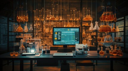 Medical research lab with glowing test tubes and digital charts