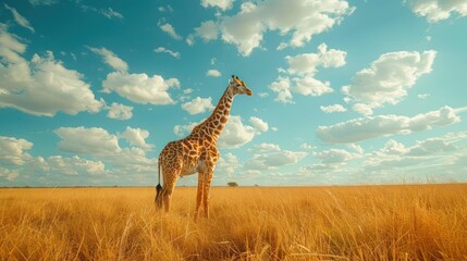 Fototapeta premium A giraffe stands alone in a vast, open field under a sky filled with wispy clouds.
