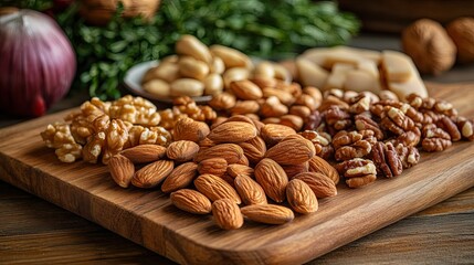 A charcuterie board with a selection of nuts, including almonds, walnuts, and pecans, adding a healthy and satisfying element.