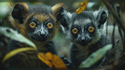 Fototapeta premium Two baby gorillas peeking at the camera with surprised expressions, possibly in a jungle setting.