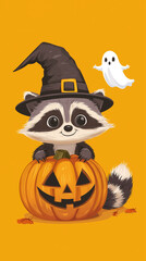 Fototapeta premium A delightful Halloween illustration featuring a raccoon in a witch hat holding a carved pumpkin, with a playful ghost floating nearby. Perfect for festive Halloween designs