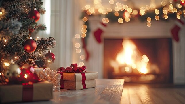 A background for product display with a beautiful Christmas tree and fireplace. There are some gift boxes on the table, with a bokeh effect and red lights. no noise
