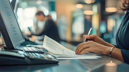 Naklejka premium A bank teller assisting a customer at a counter, with financial documents and a computer on the desk.