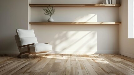 Fototapeta premium Minimalist living room with floating shelves and a single armchair