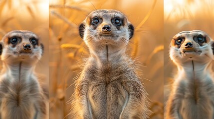 Three photos in a row of an adorable hamster climbing tall wheat stalks.