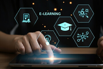 Engaging E-Learning Concept with Digital Icons on Tablet for Modern Online Education