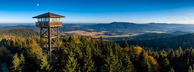 A wooden watchtower atop an old forest in the mountains, a drone's-eye view with mountains and a flat valley behind it. Aerial photography, a telephoto lens on a sunny day.