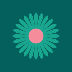Christmas 70s Retro Modern Vector Floral, Vintage floral Christmas vector with a teal background, featuring a circular flower design with green petals and a central dot, a retro holiday icon