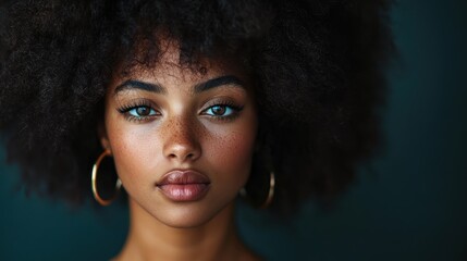 A striking portrait of a young woman with an afro hairstyle and hoop earrings, set against a dark background, emphasizing her expressive features and natural beauty.