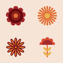 70s Retro Flower Clipart Elements Vector Design, vector design in orange, yellow and red