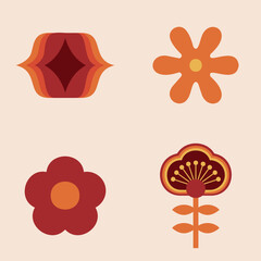 70s Retro Flower Clipart Elements Vector Design, vector design in orange, yellow and red