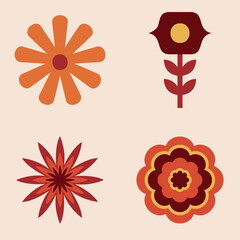 70s Retro Flower Clipart Elements Vector Design, vector design in orange, yellow and red