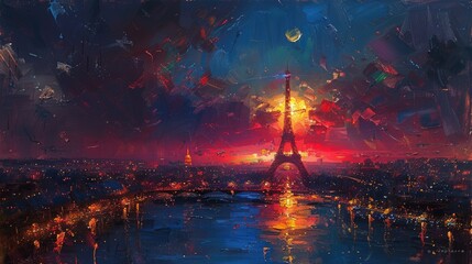 An oil painting of the Eiffel Tower with the sun setting behind it, illuminating the sky with warm colors reflecting on the river, symbolizing Paris's enchanting evenings.