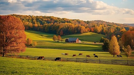 Fototapeta premium A peaceful countryside field with grazing cows, rolling hills, and a farmhouse nestled among trees in the distance
