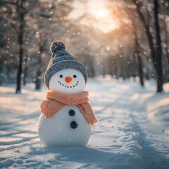 a cute cheerful snowman in the snow in a winter park with beautiful bokeh