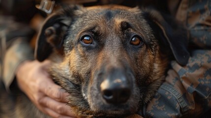 A close-up of a dog with expressive eyes, embraced tenderly by human hands, creating an emotional bond between the animal and person, capturing affection and trust.