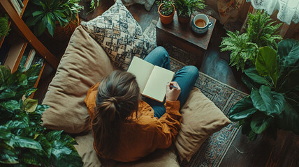 Woman writing in a cozy plant-filled nook