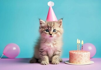 Kitten with a birthday hat and a cake