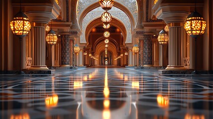 Fototapeta premium A grand hallway adorned with ornate lanterns exudes timeless elegance.