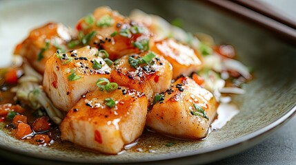 An Asian fusion dish served on a traditional ceramic plate with chopsticks, capturing the essence of Eastern culinary traditions.