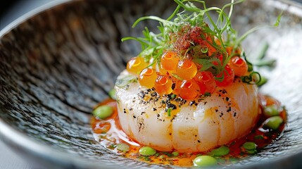 An Asian fusion dish with a modern twist, incorporating molecular gastronomy techniques and unexpected flavor combinations.