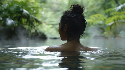 Fototapeta premium Rear view of Asian woman with hair in a bun, relaxing in a natural hot spring surrounded by lush tropical greenery. mist rising from the warm water and the peaceful, secluded setting create a serene