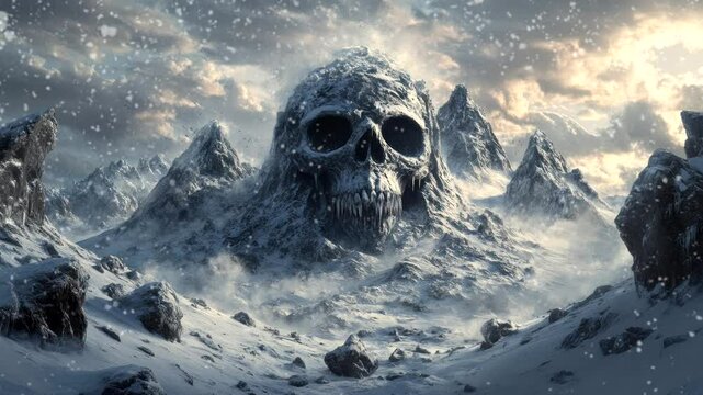 Massive skull-shaped mountain covered in snow with a dramatic sky. Seamless looping 4k time-lapse video background