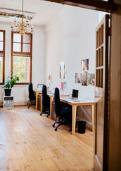 Office, coworking and interior design for creative business, empty and minimal decor for occupation. Room, workplace layout and organization setup for media relations agency, workspace and stationary