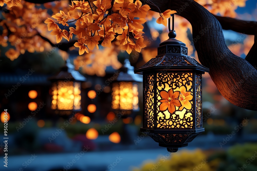 Poster autumn evening with glowing lanterns, illustrated in a scene where lanterns hang from tree branches,