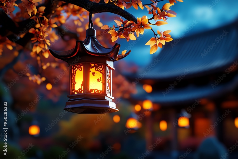 Poster autumn evening with glowing lanterns, illustrated in a scene where lanterns hang from tree branches,
