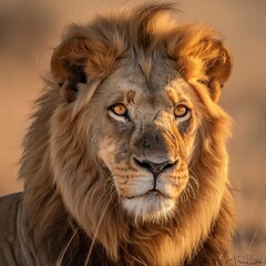 Fototapeta premium close up regal African lion with a majestic mane and intense golden eyes, softly blurred savanna backdrop, warm, natural highing the lion s detailed fur and powerful