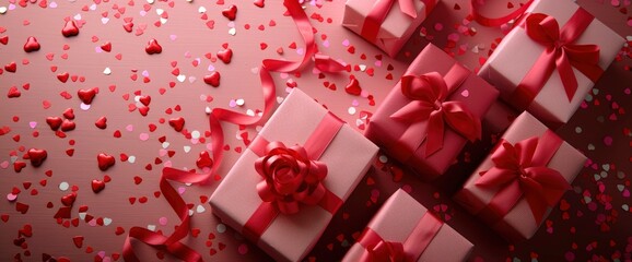 Valentine's Day Gift Boxes with Red Ribbon and Confetti Hearts