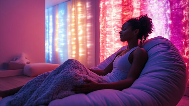 Woman relaxing in a sensory room with calming light and soothing colors