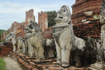 Fototapeta premium Singha or lion statues around the Main pagoda at Wat Thammickarat deteriorated over time But it also shows the grandeur and indicates the ancient architecture of the Ayutthaya period as well. 