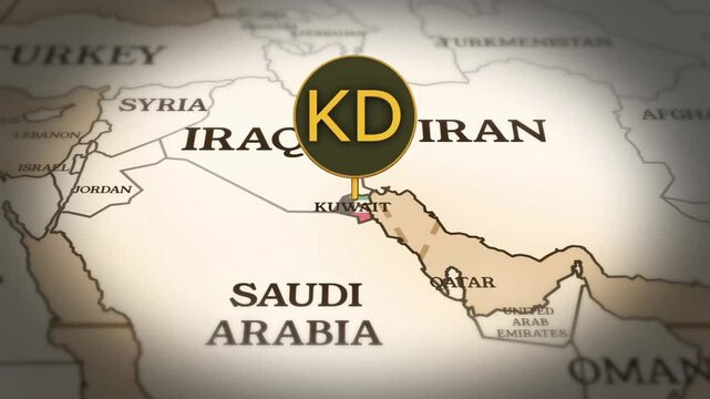 Kuwaiti dinar currency sign showing on world map with 3D rendering
