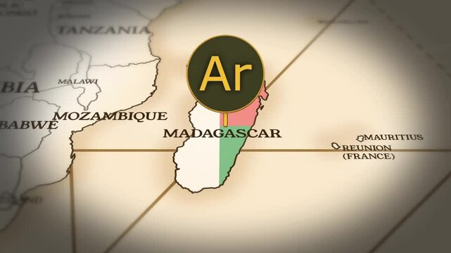Madagascar malagasy ariary currency sign showing on world map with 3D rendering